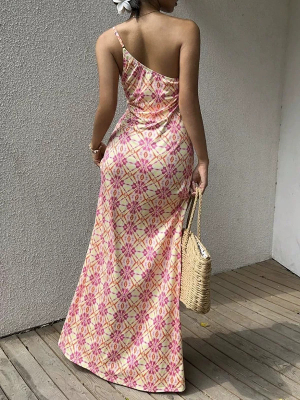 ZARA Geometric Print One Shoulder Bodycon Maxi Dress High Slit Beach